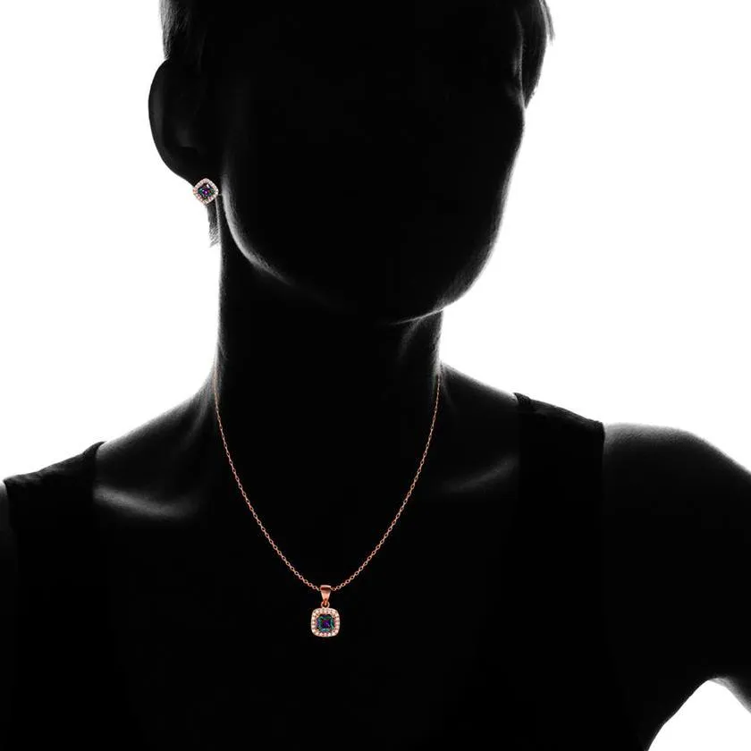 18K Rose Gold Over Sterling Silver Rainbow Topaz Halo Necklace and Earrings