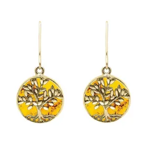 9ct Yellow Gold Amber Round Large Tree of Life Leaves Drop Earrings
