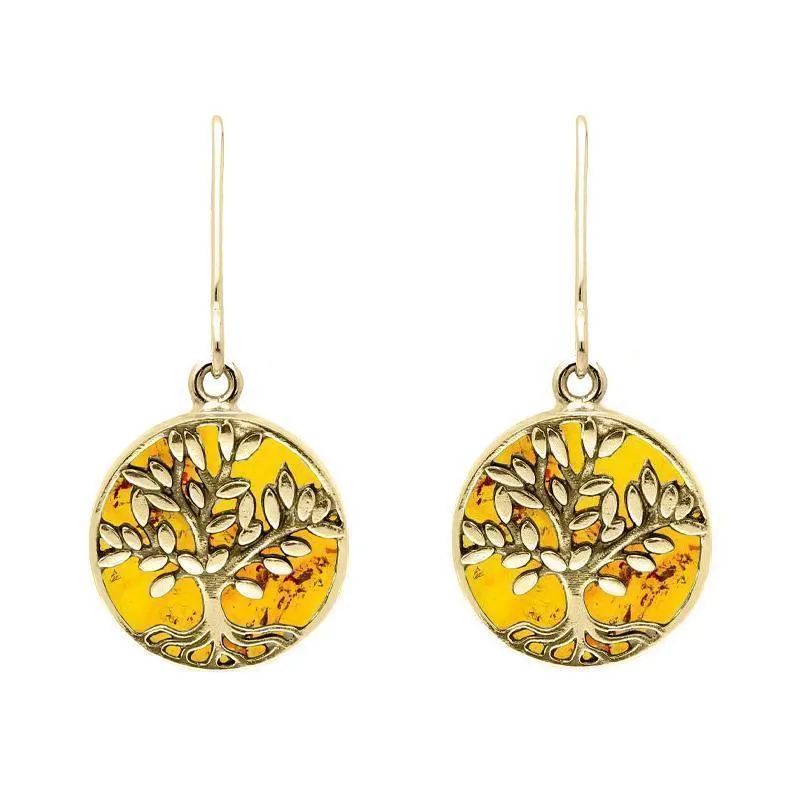 9ct Yellow Gold Amber Round Large Tree of Life Leaves Drop Earrings