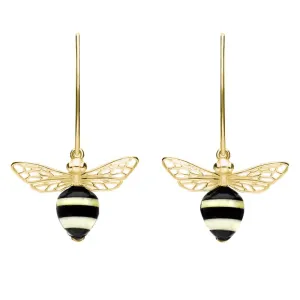 9ct Yellow Gold Amber Whitby Jet Bee Small Hook Earrings