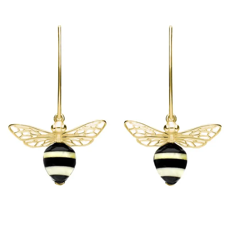 9ct Yellow Gold Amber Whitby Jet Bee Small Hook Earrings
