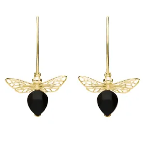9ct Yellow Gold Whitby Jet Bee Small Hook Earrings