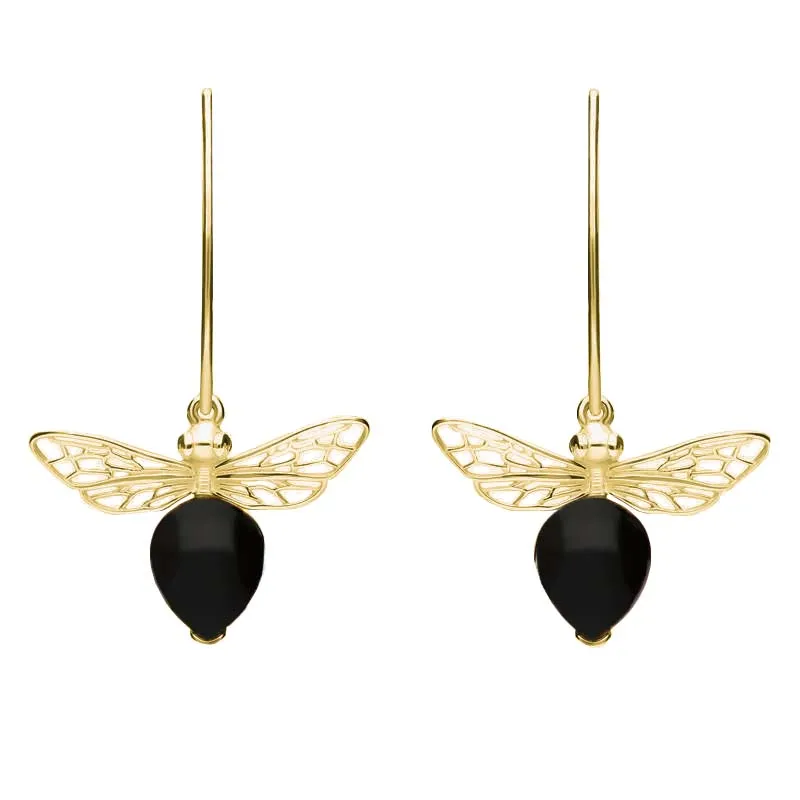 9ct Yellow Gold Whitby Jet Bee Small Hook Earrings