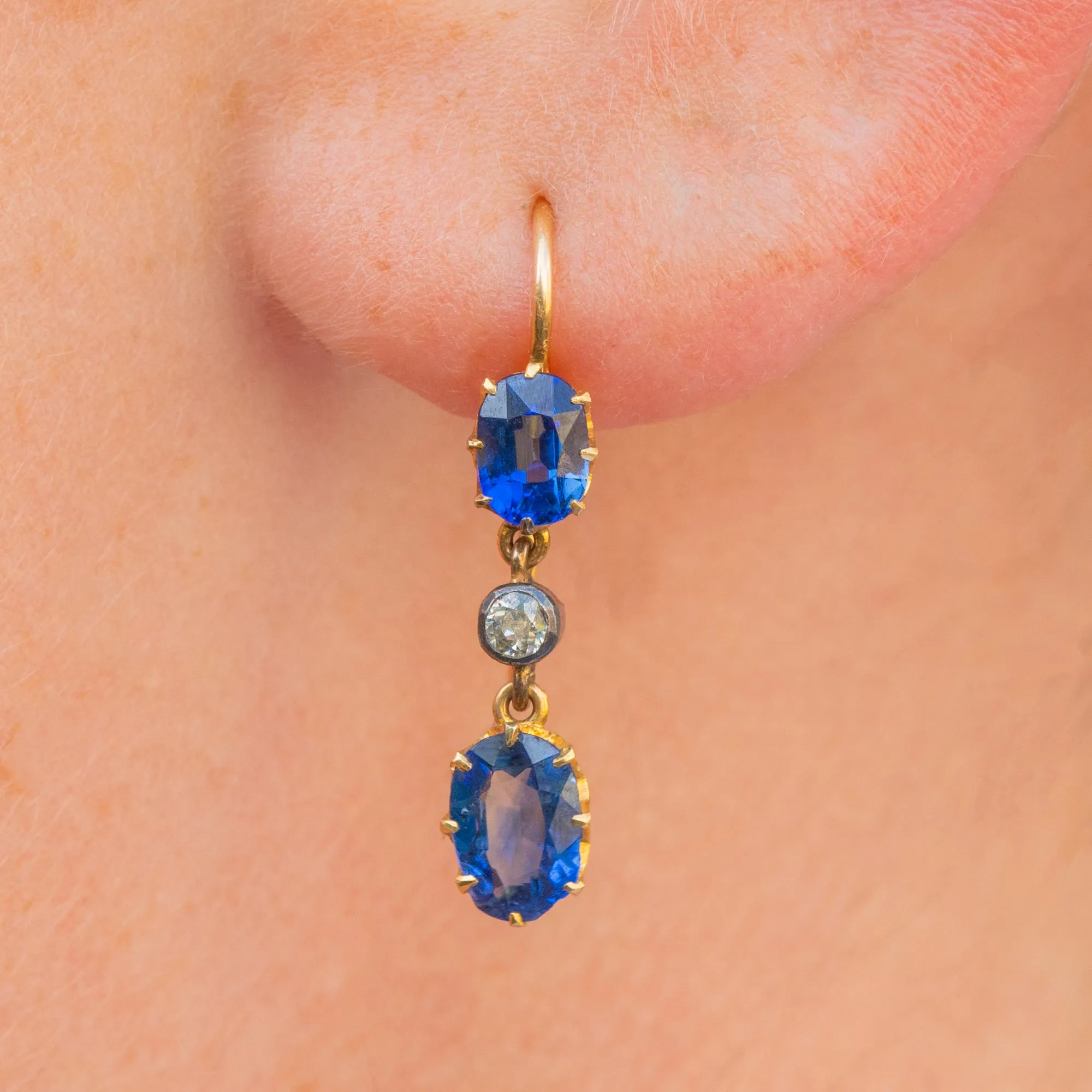 Antique 15ct Gold Sapphire Diamond Drop Earrings, 2.16ct Sapphires