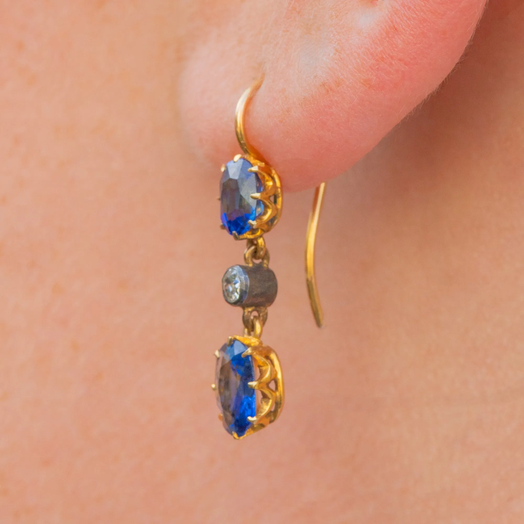 Antique 15ct Gold Sapphire Diamond Drop Earrings, 2.16ct Sapphires