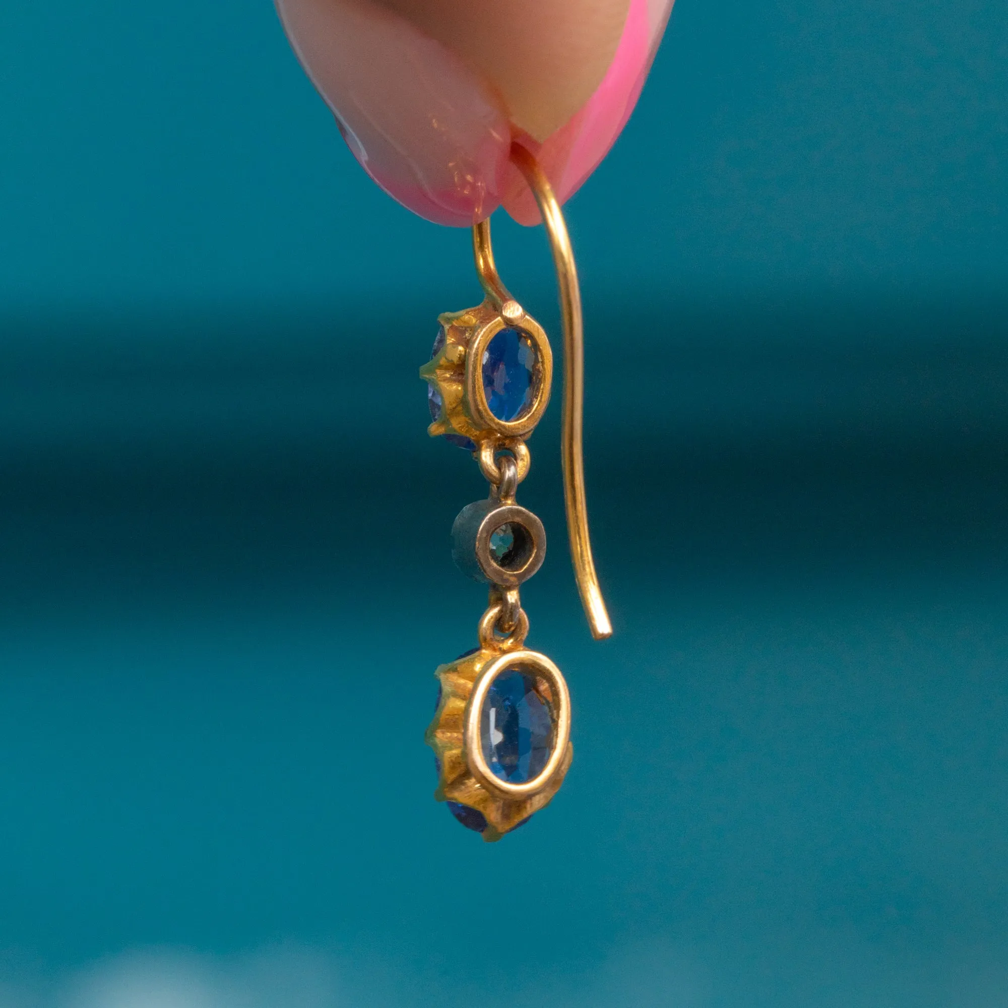 Antique 15ct Gold Sapphire Diamond Drop Earrings, 2.16ct Sapphires