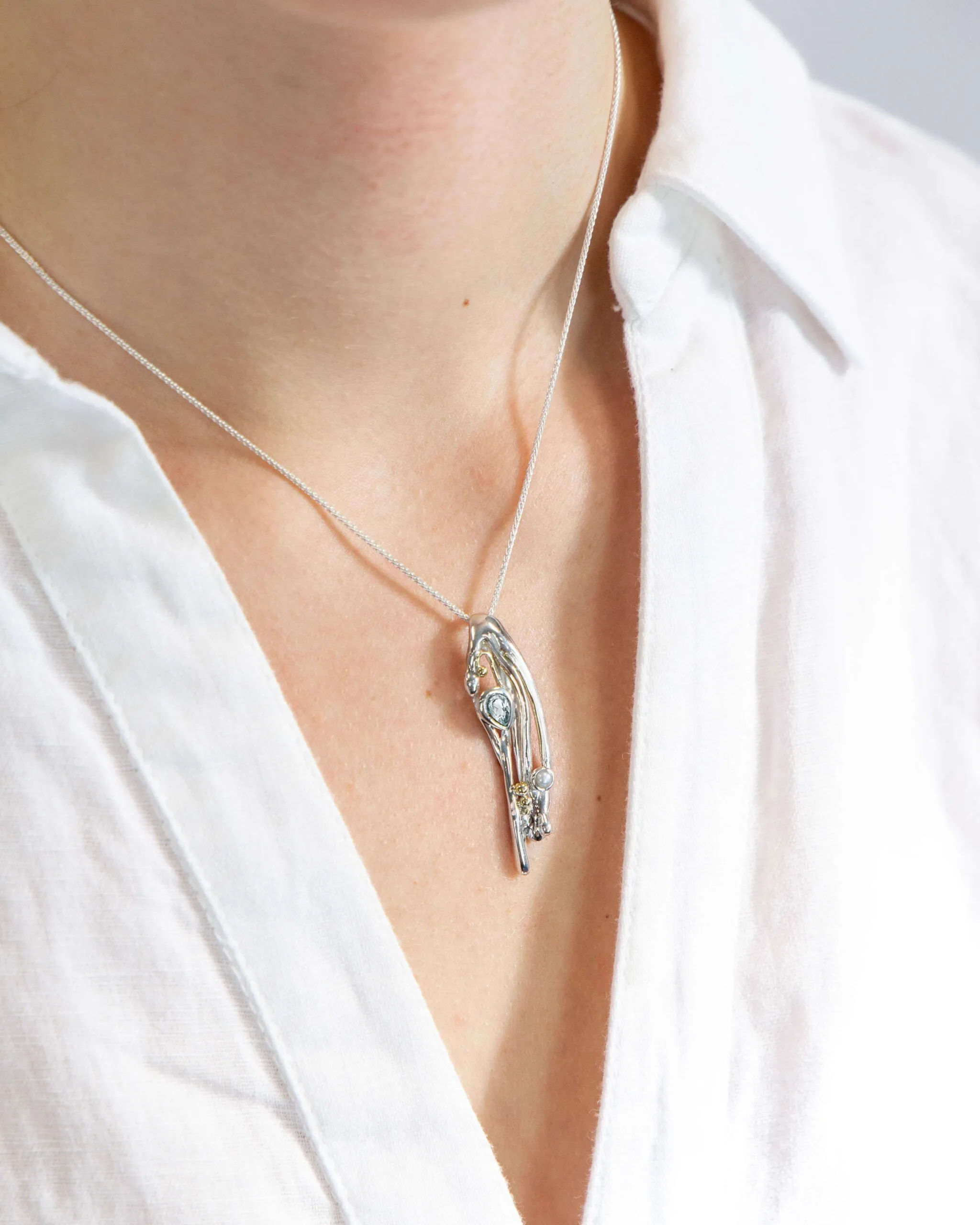 Banyan Flowing Blue Topaz and Pearl Organic Silver Necklace