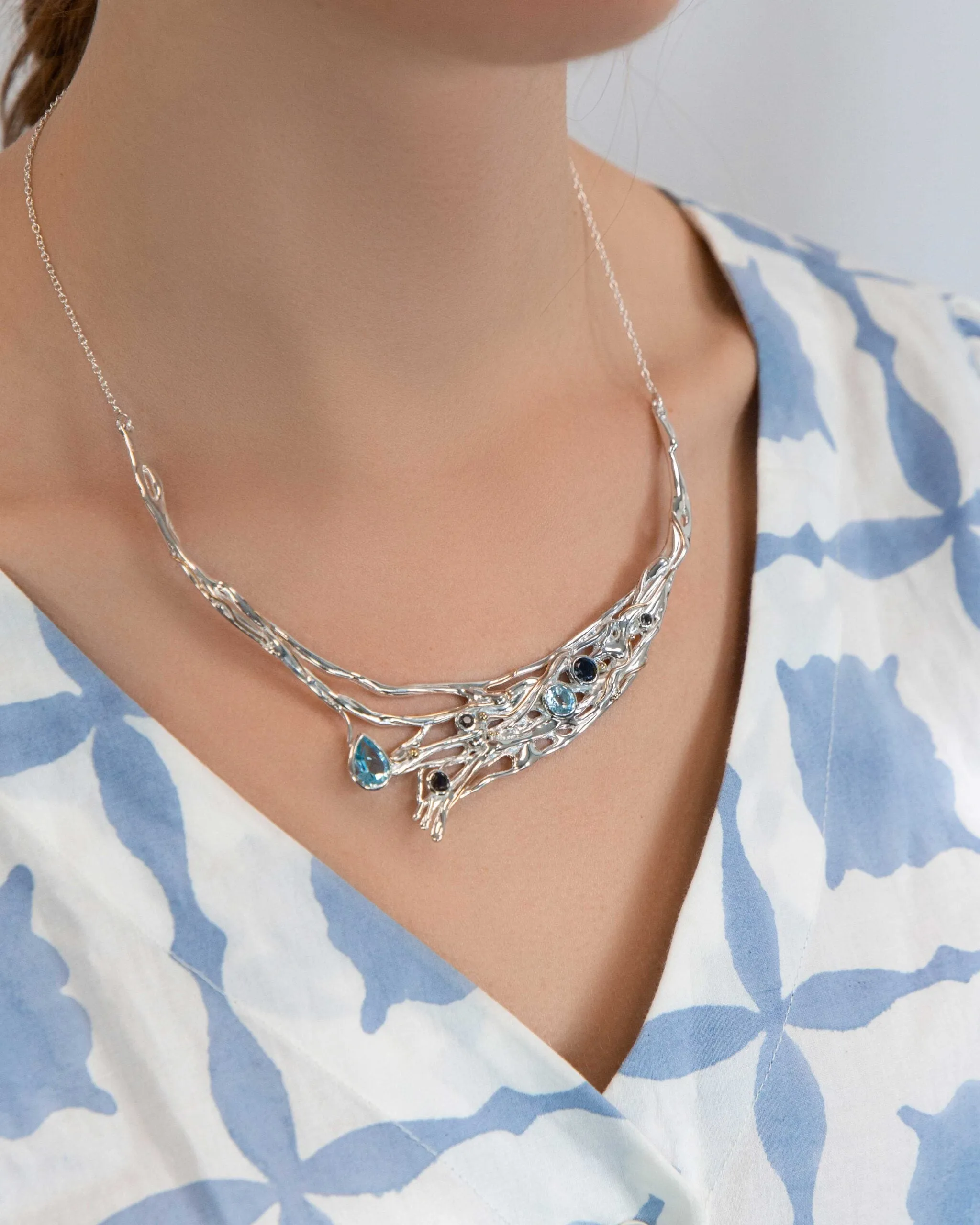 Banyan Large Gemmed Necklace Blue Topaz, Amethyst and Iolite with Gold Wire detail