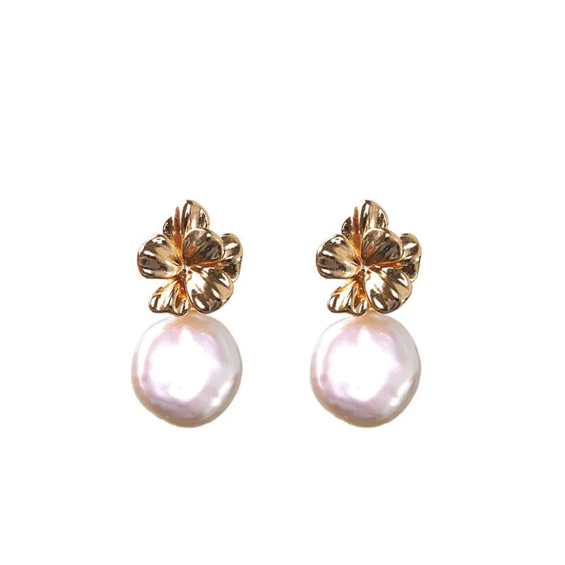 Buddha Stones 925 Sterling Silver Natural Baroque Pearl Flower Healing Drop Earrings