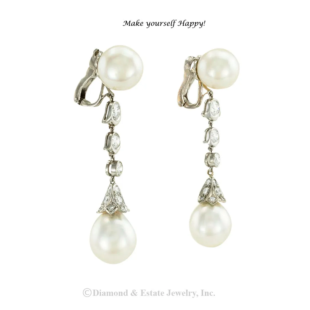 Cartier South Sea Pearl Diamond Platinum Drop Earrings