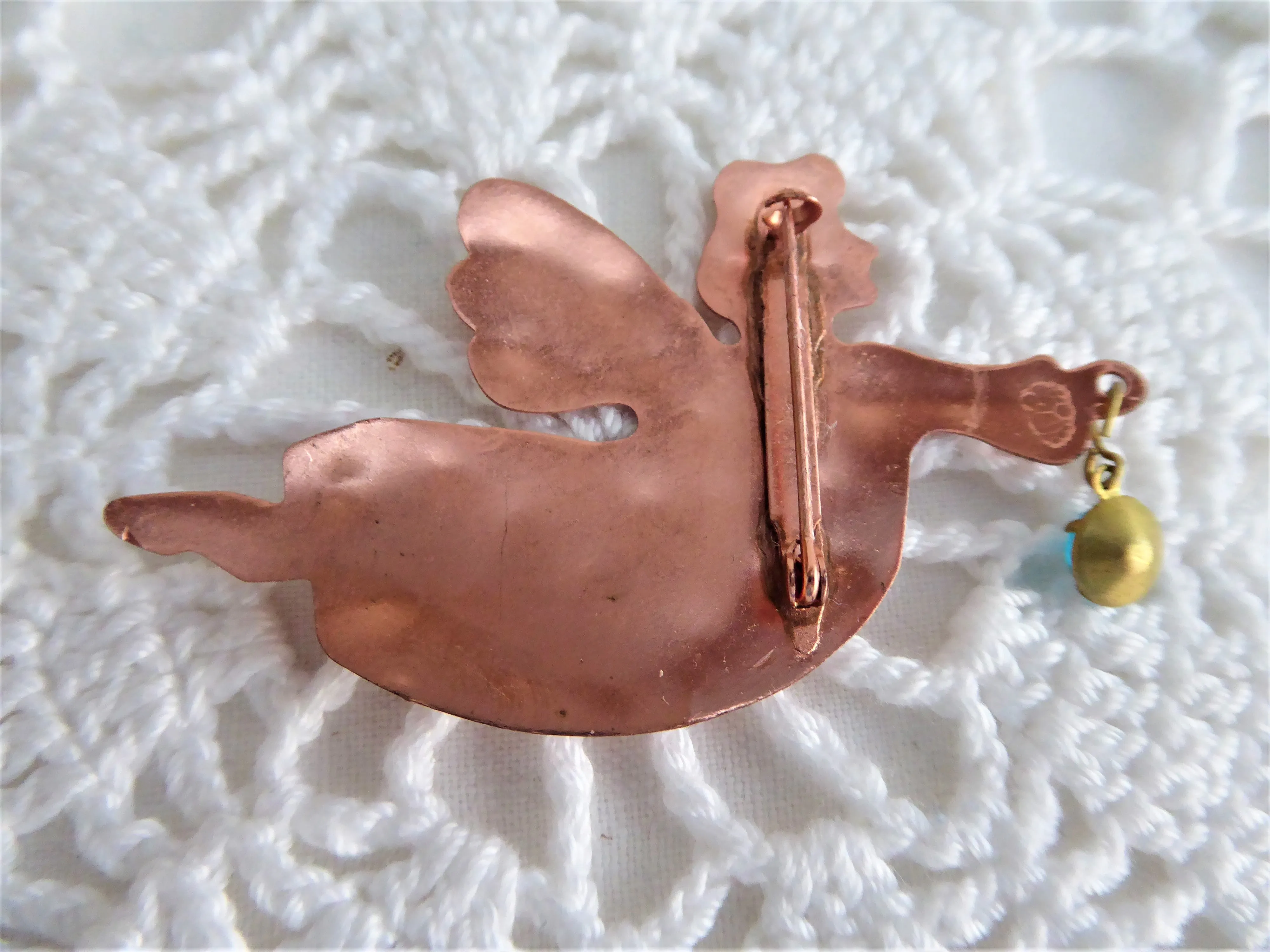 Copper Flying Angel Brooch Pin Blue Rhinestone Dangle Artisan