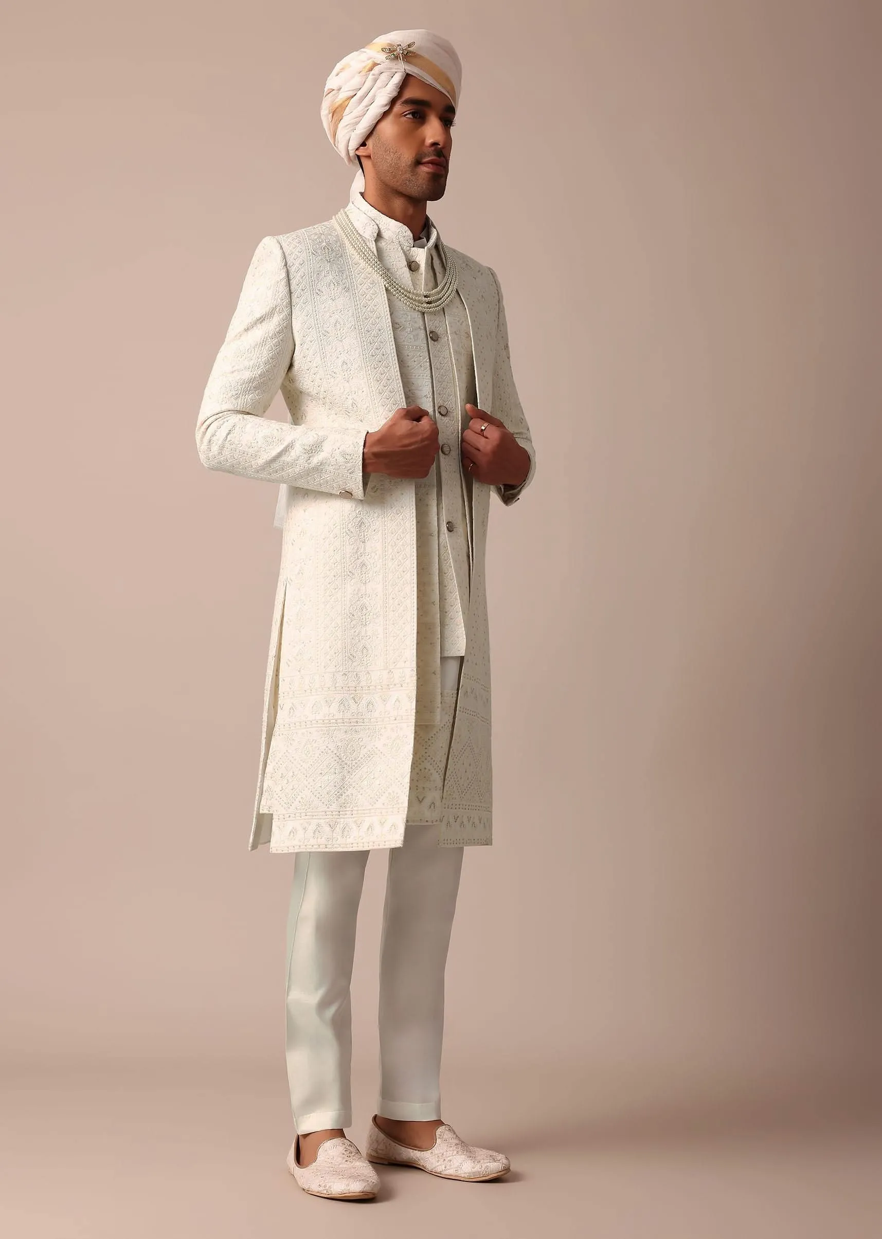 Exquisite White Silk Sherwani With Intricate Embroidery