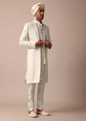 Exquisite White Silk Sherwani With Intricate Embroidery