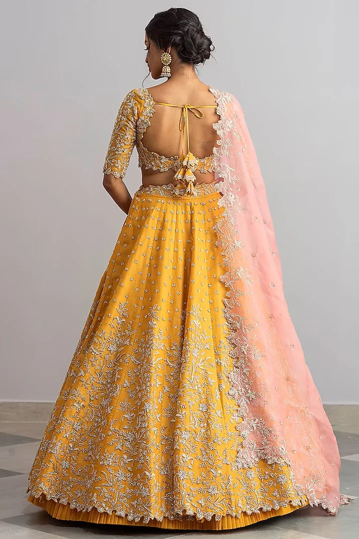 Exquisite Yellow Dupion Silk Lehenga with Zardozi Embroidery