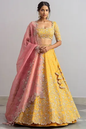Exquisite Yellow Dupion Silk Lehenga with Zardozi Embroidery