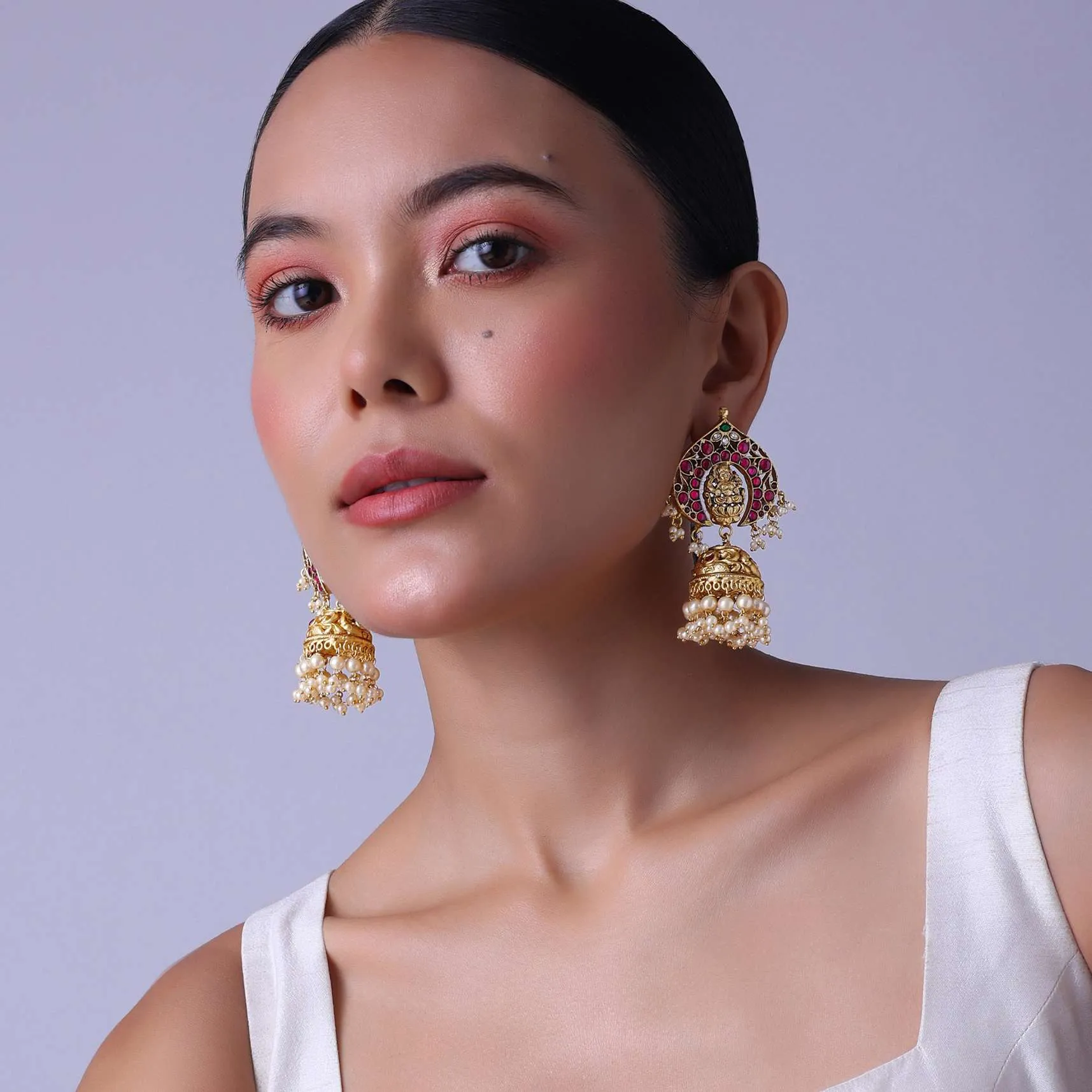 Gold Finish Jhumkas With Pearls And Meenakari Work