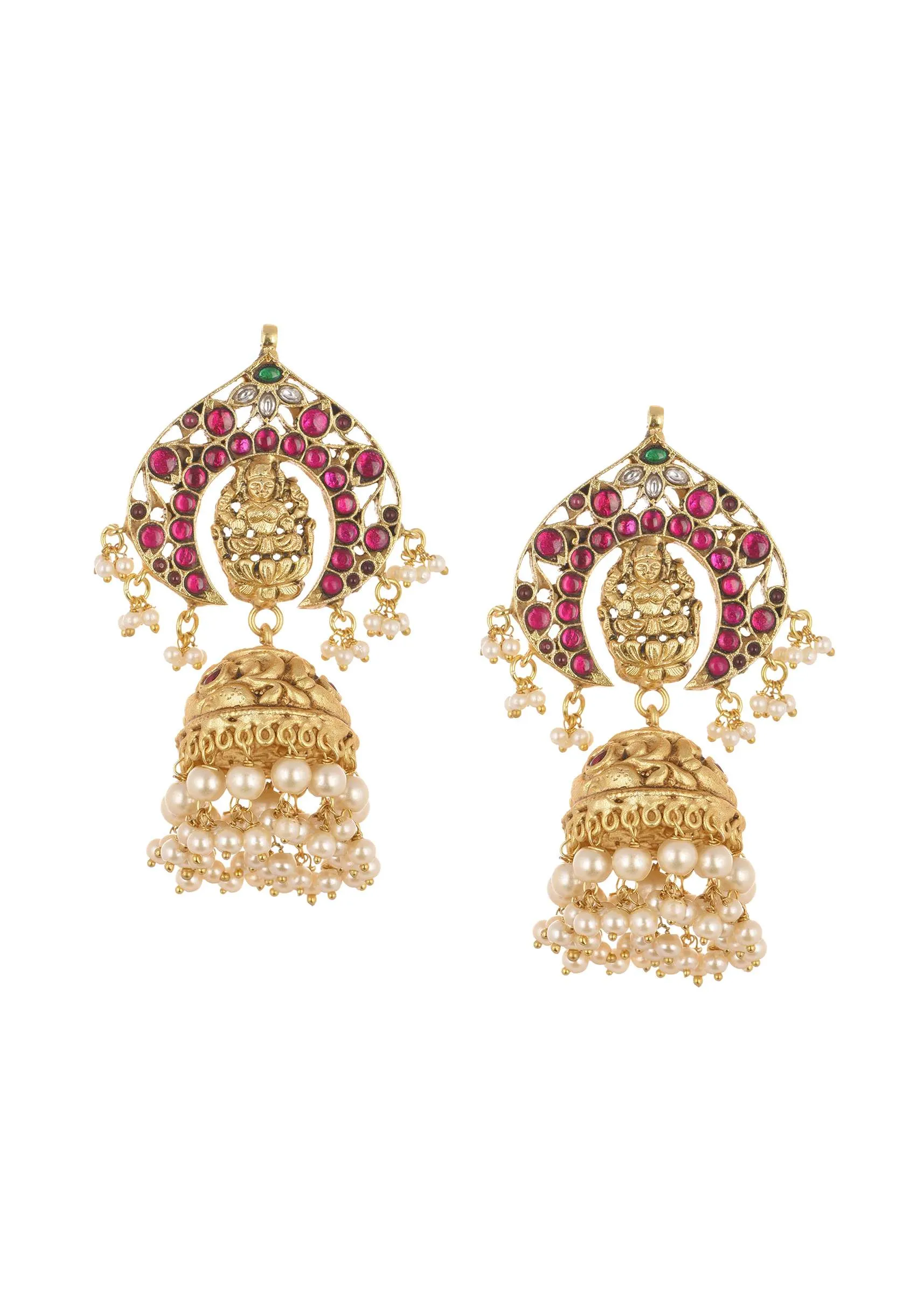 Gold Finish Jhumkas With Pearls And Meenakari Work