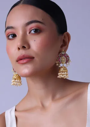 Gold Finish Jhumkas With Pearls And Meenakari Work