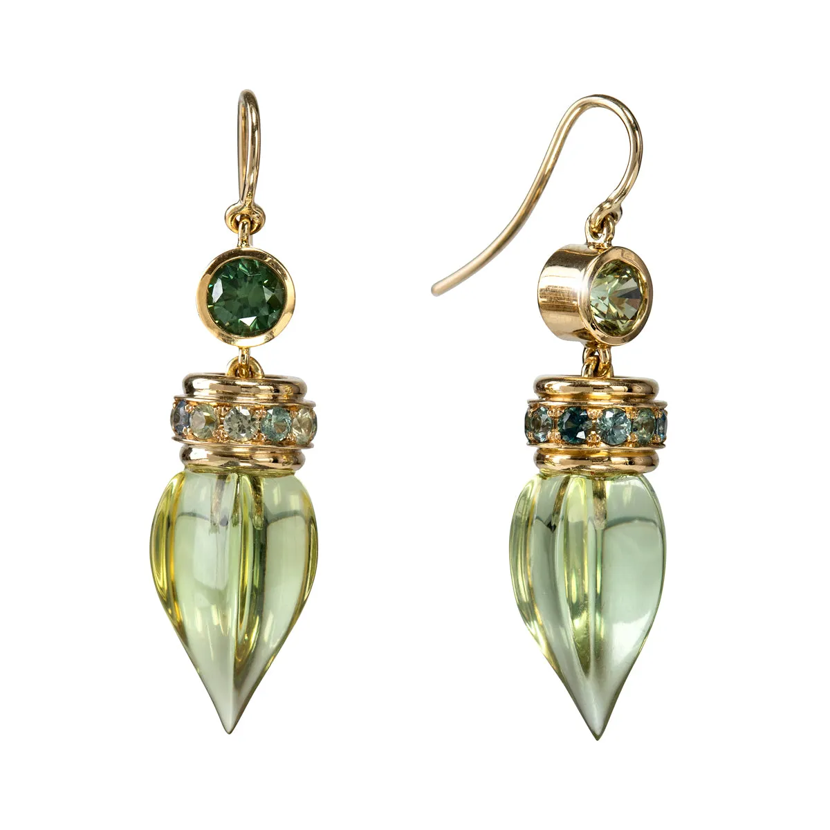 Green Amber and Sapphire Earrings
