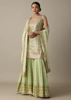 Green Sharara Set With Exquisite Mirror Work