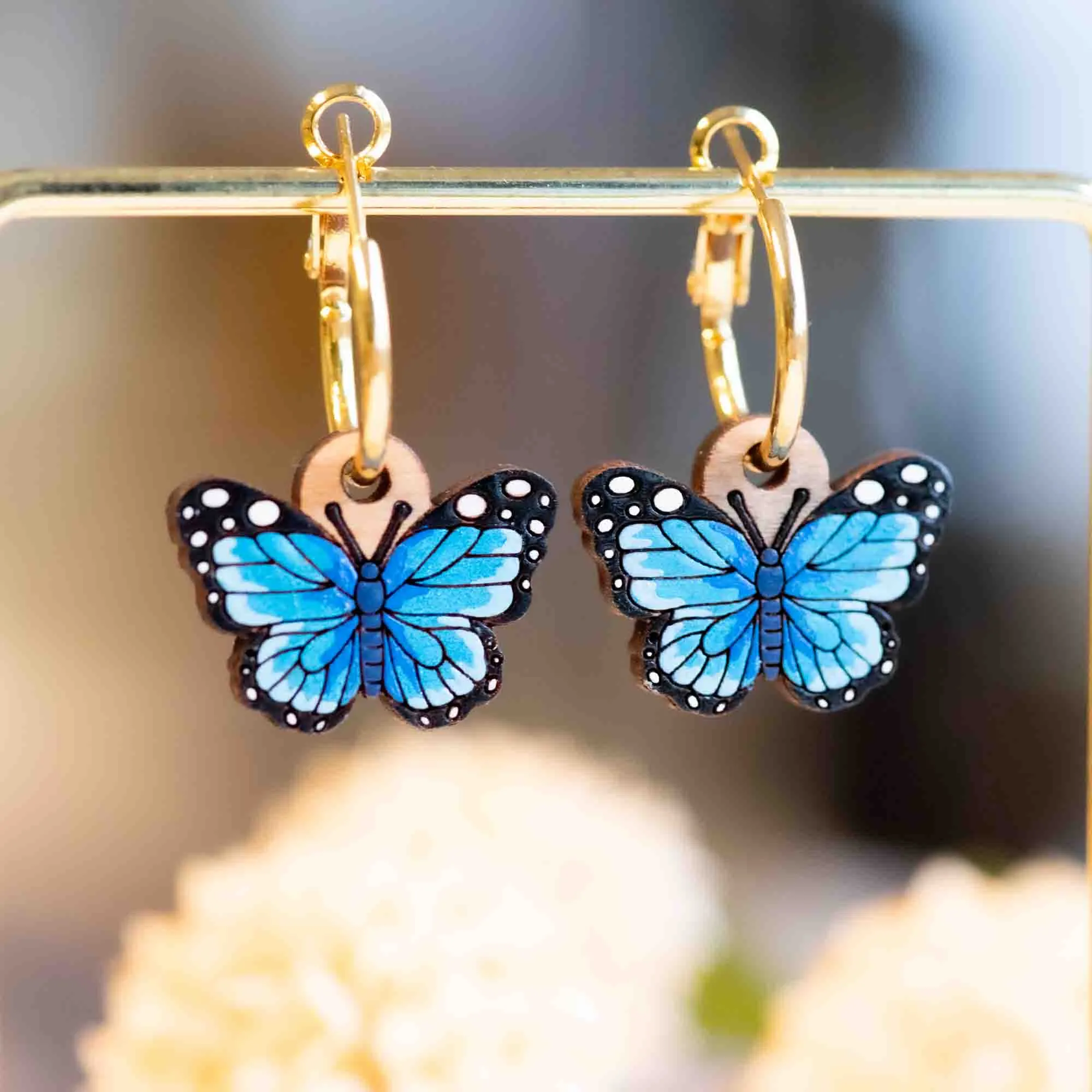 Hand-Painted Blue Butterfly Hoop Earrings - PEO14127