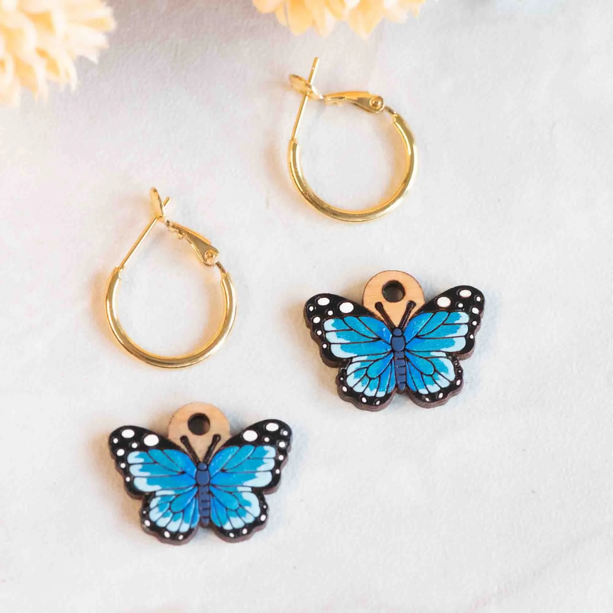 Hand-Painted Blue Butterfly Hoop Earrings - PEO14127