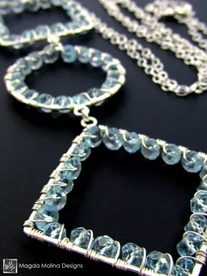 Long Geometric Silver Necklace With Blue Topaz Gemstones