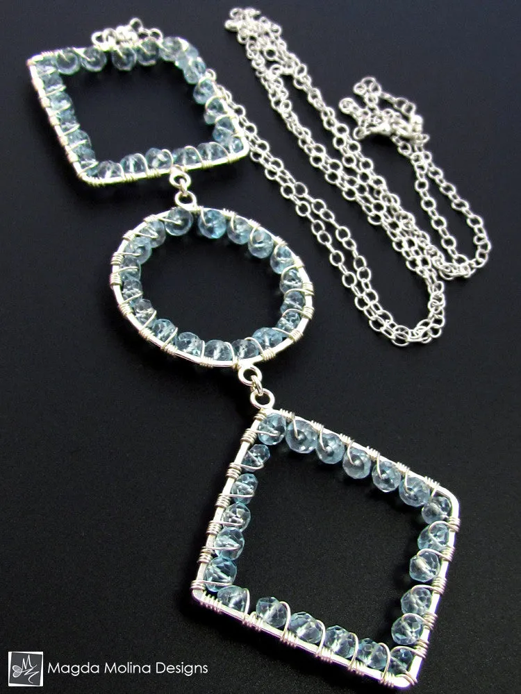 Long Geometric Silver Necklace With Blue Topaz Gemstones