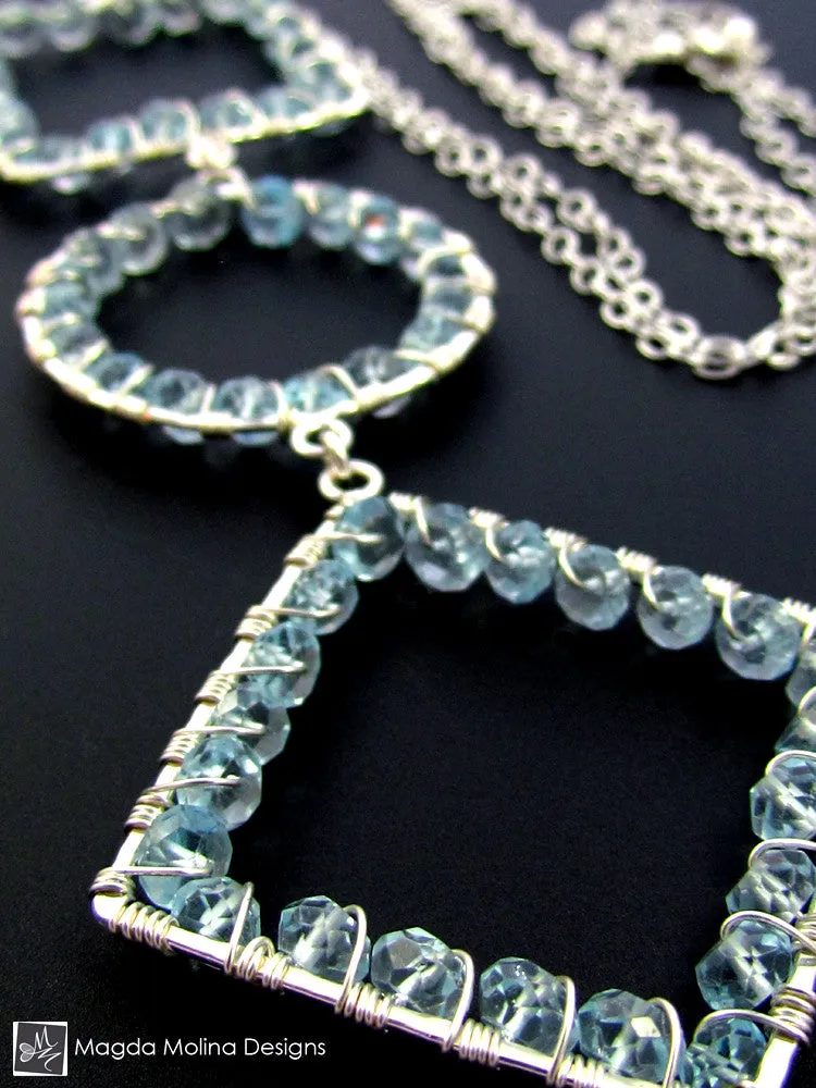 Long Geometric Silver Necklace With Blue Topaz Gemstones