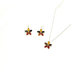 Multi Color Flower Pendant Necklace/Earrings Set