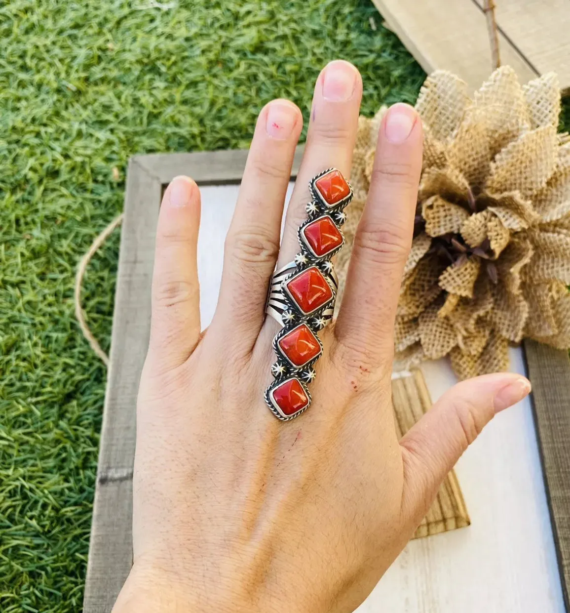 Navajo Coral & Sterling Silver Statement Ring Size 8