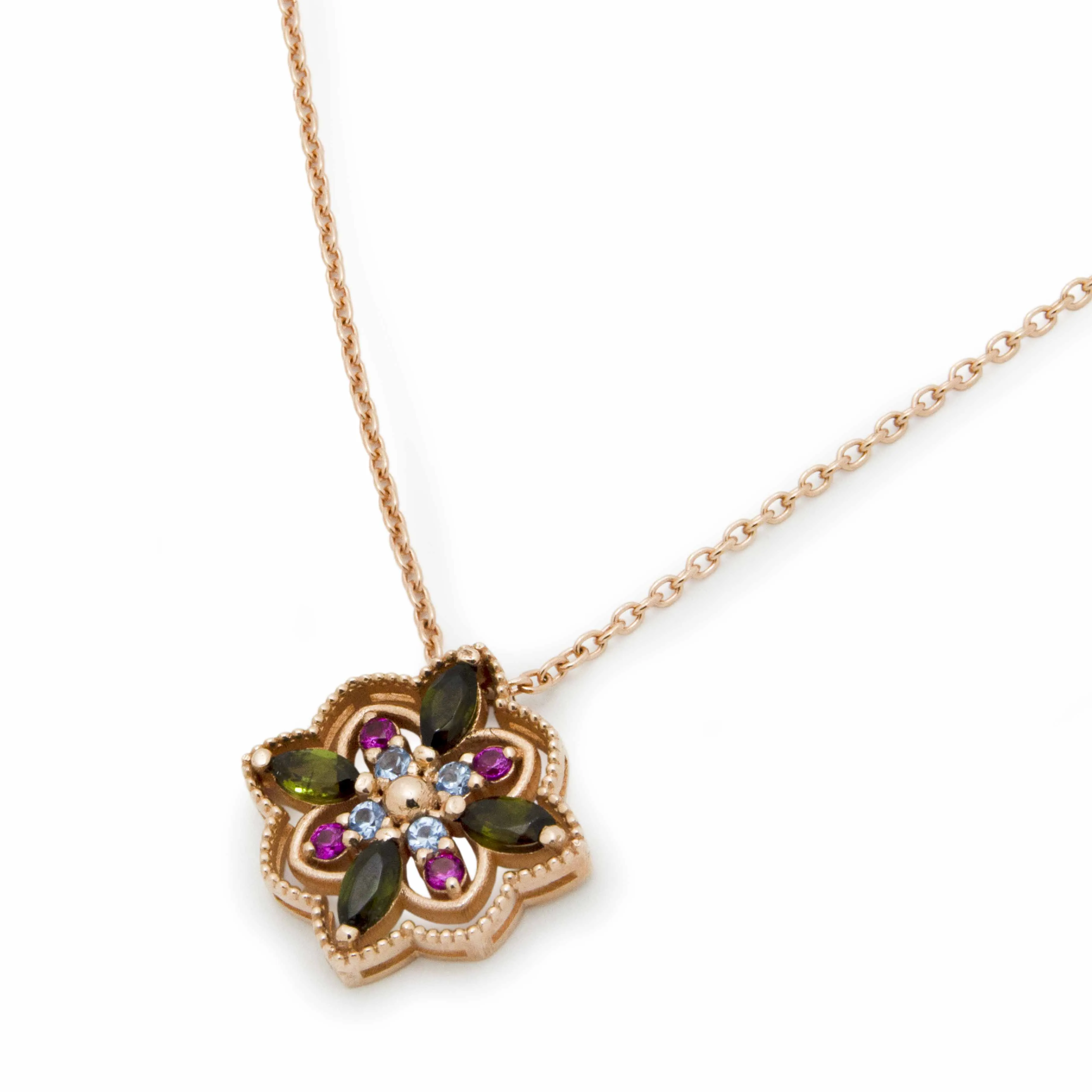NG4804-1 Rose Gold Mandala Pendant Green Tourmaline, Blue Topaz and Ruby Pendant