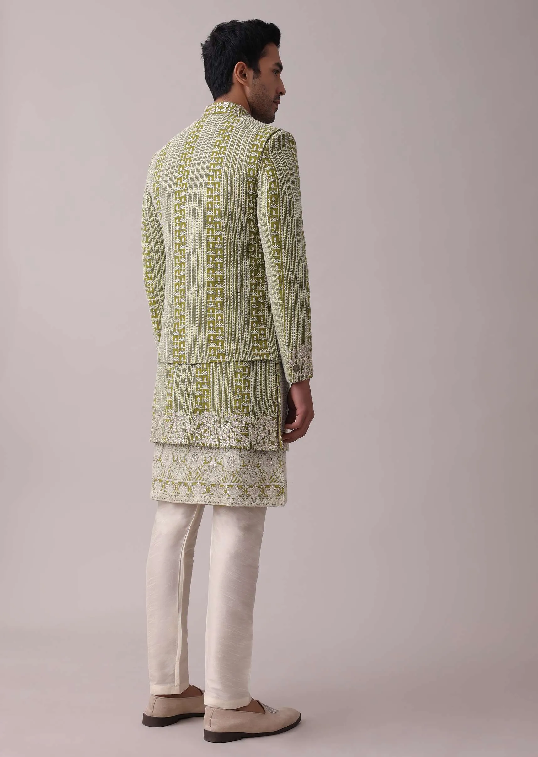 Olive Green Sherwani Set In Silk With Lucknowi Embroidery And Sequins Work