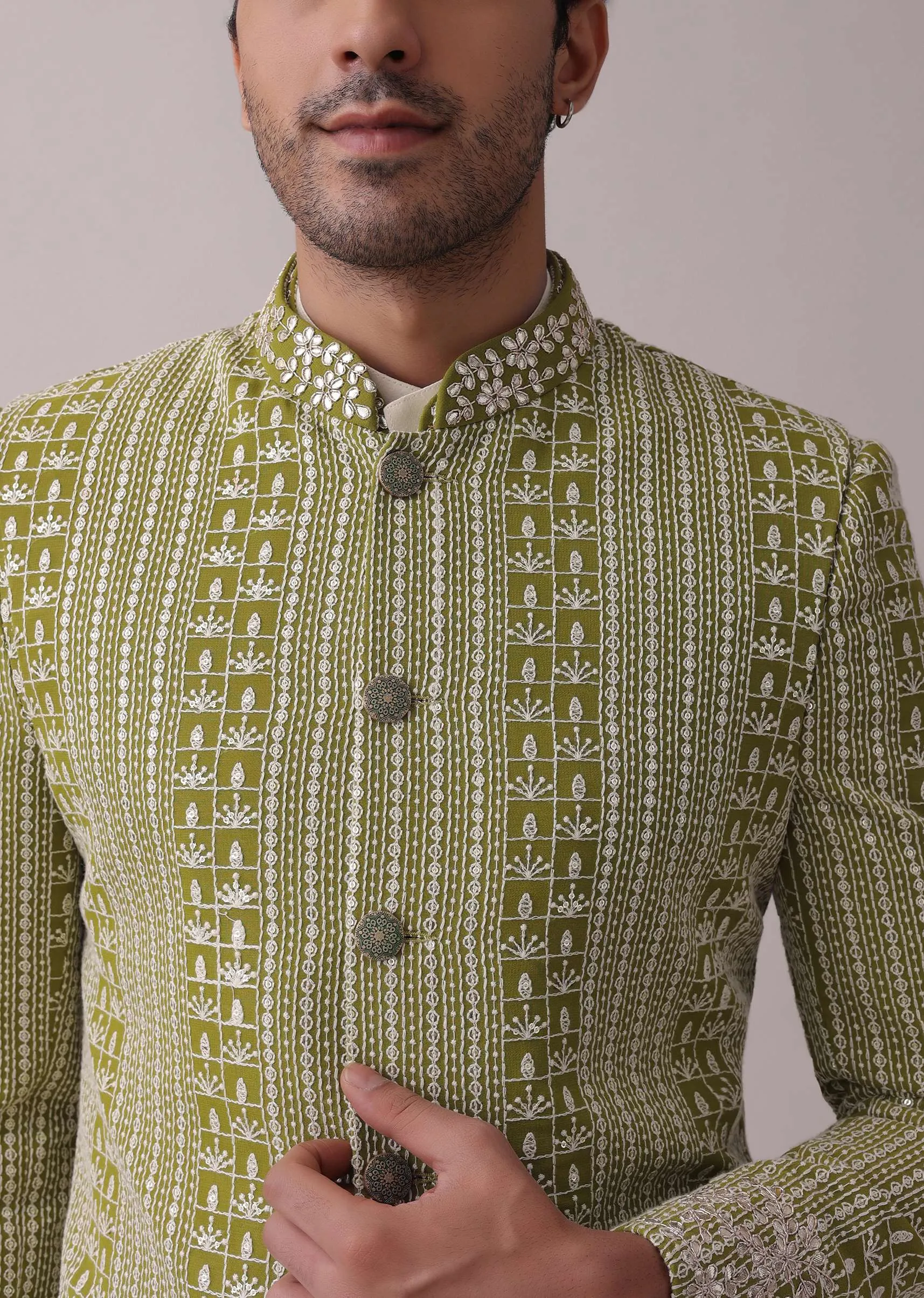 Olive Green Sherwani Set In Silk With Lucknowi Embroidery And Sequins Work