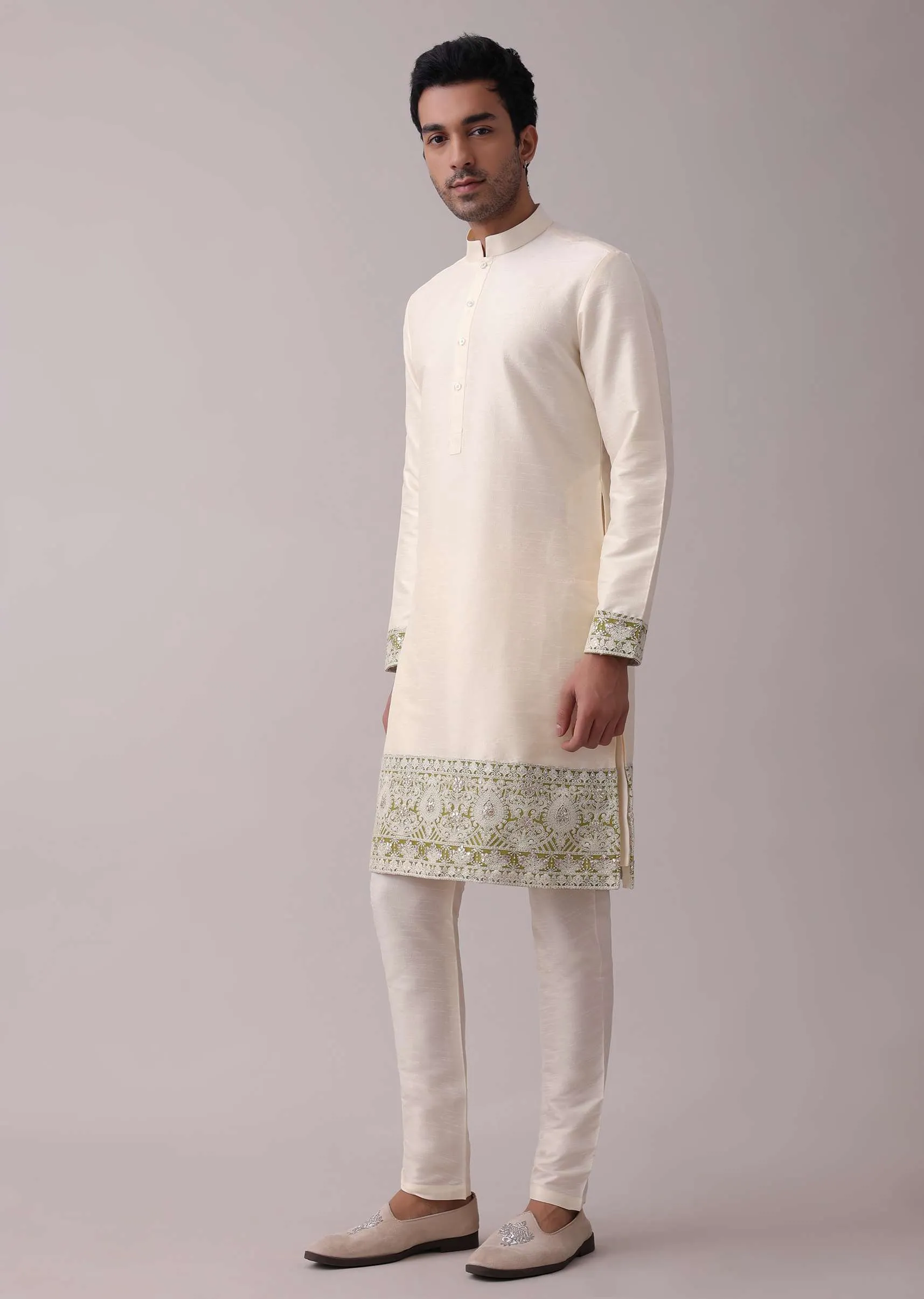 Olive Green Sherwani Set In Silk With Lucknowi Embroidery And Sequins Work