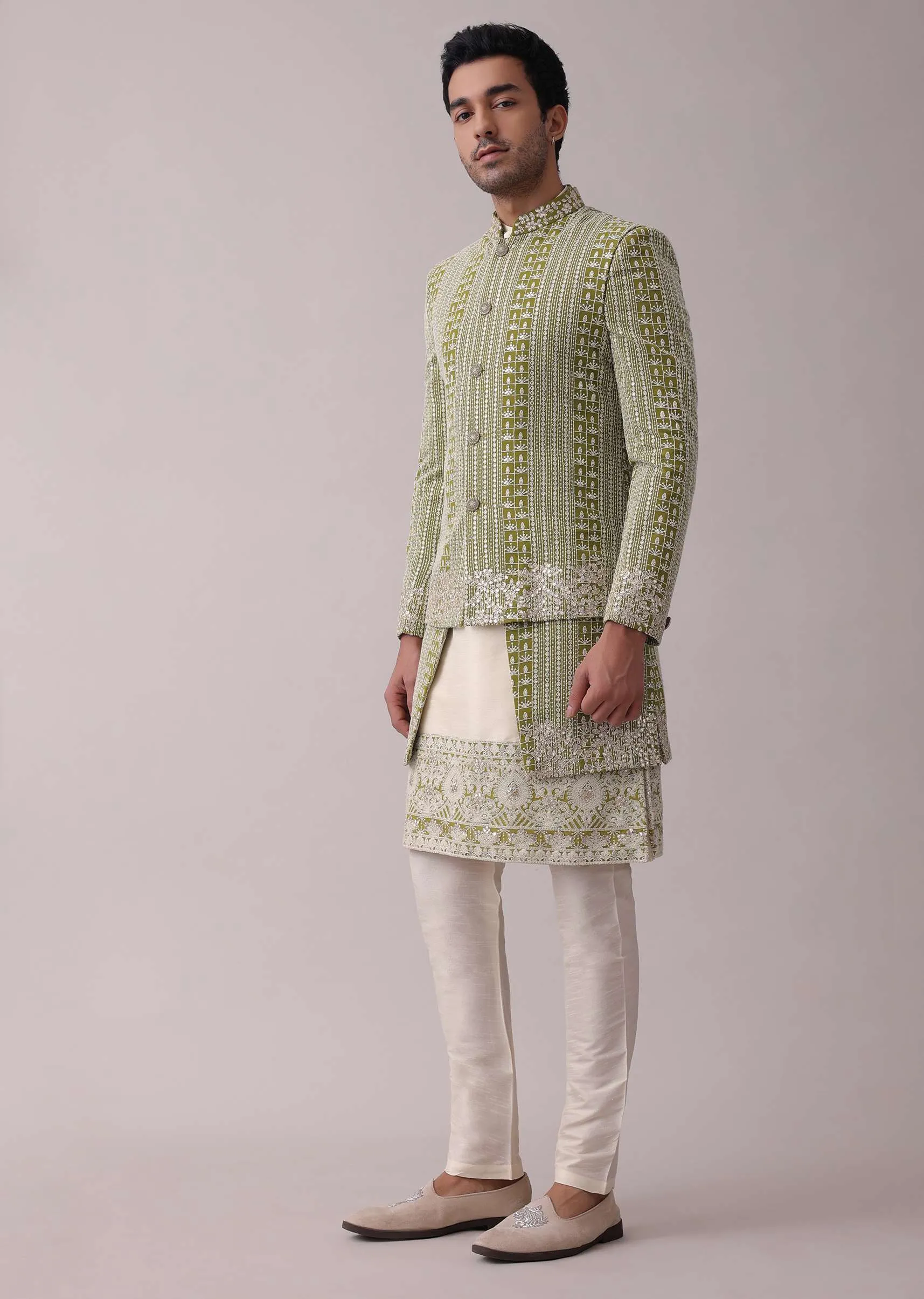 Olive Green Sherwani Set In Silk With Lucknowi Embroidery And Sequins Work