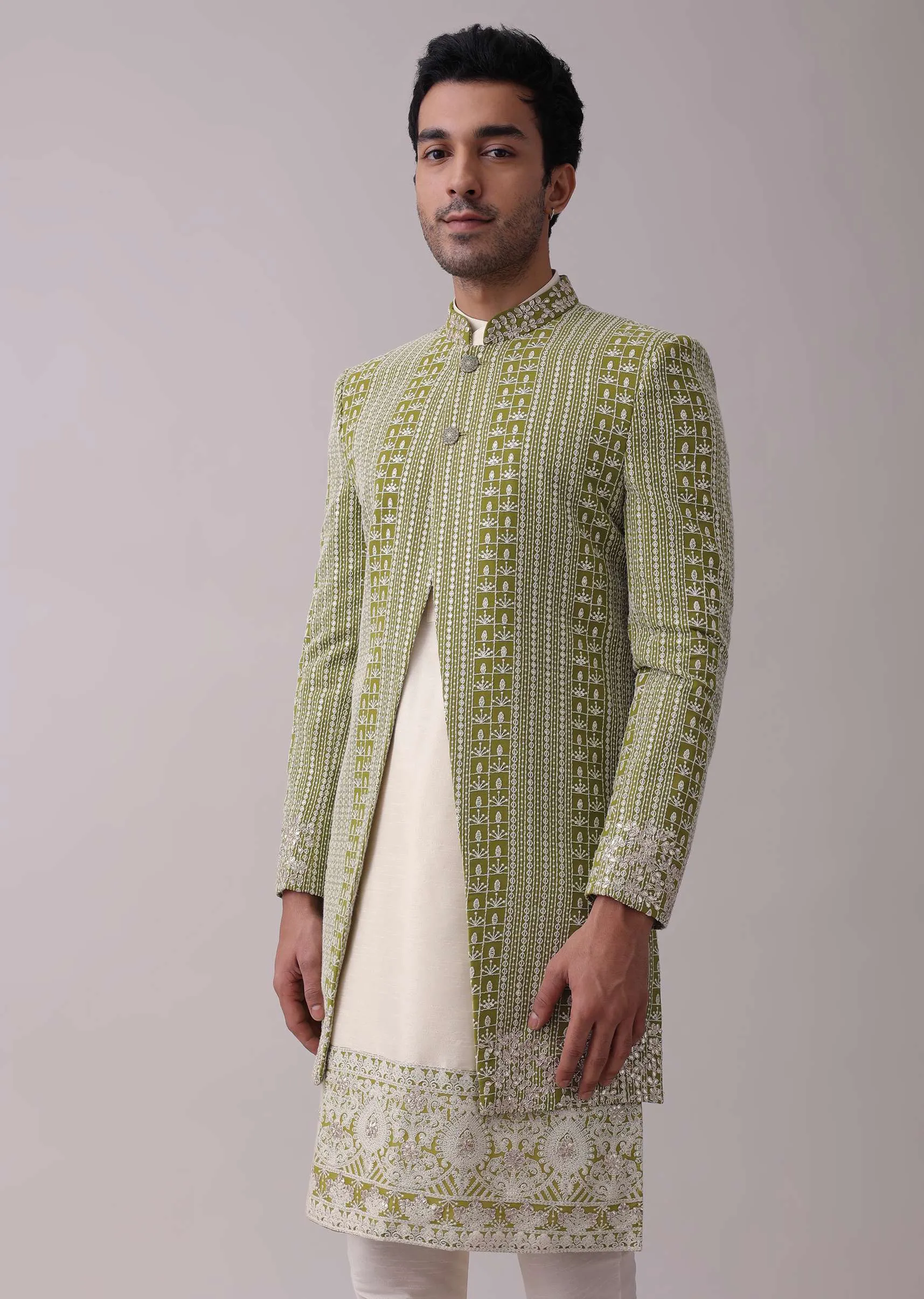 Olive Green Sherwani Set In Silk With Lucknowi Embroidery And Sequins Work