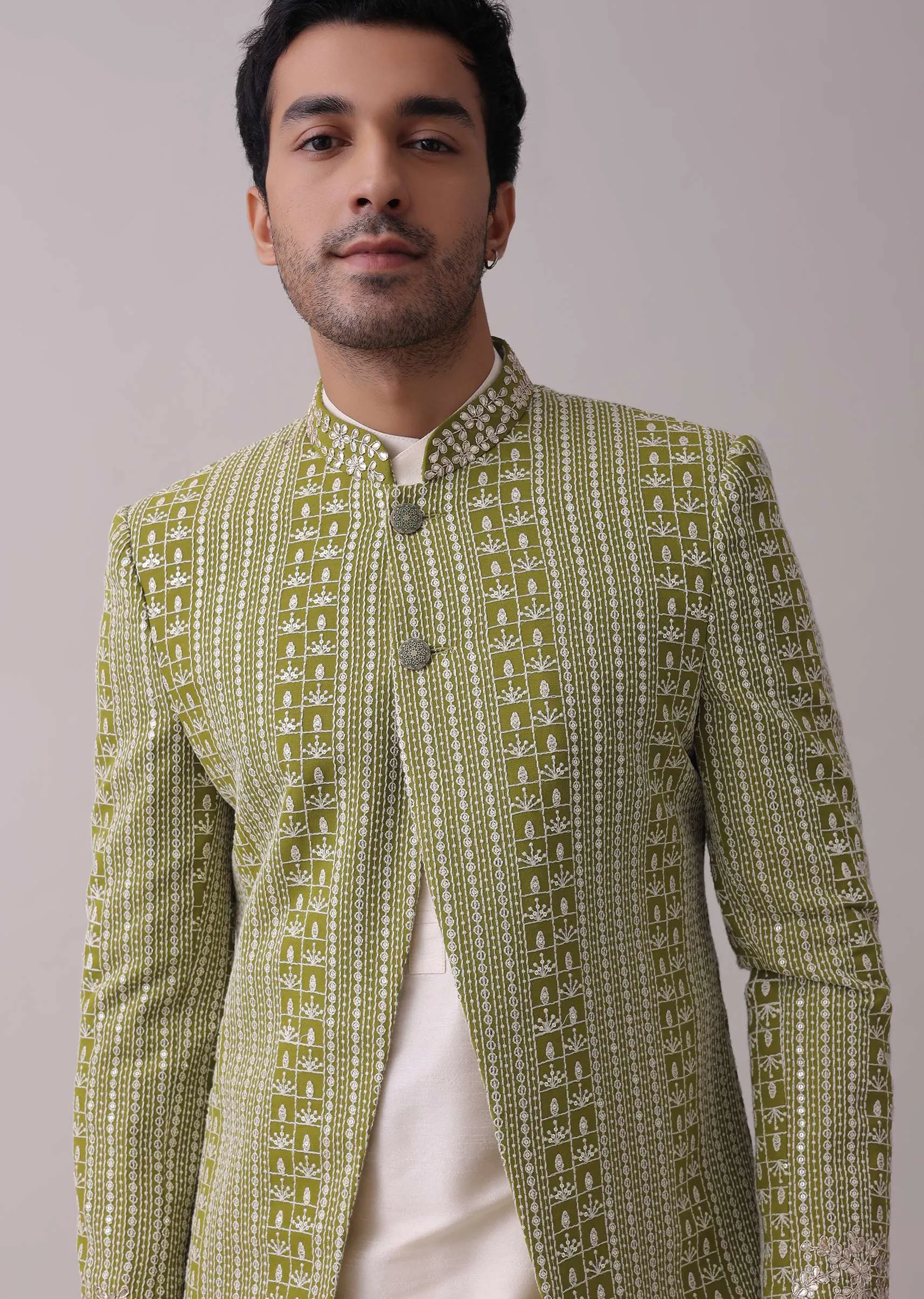 Olive Green Sherwani Set In Silk With Lucknowi Embroidery And Sequins Work