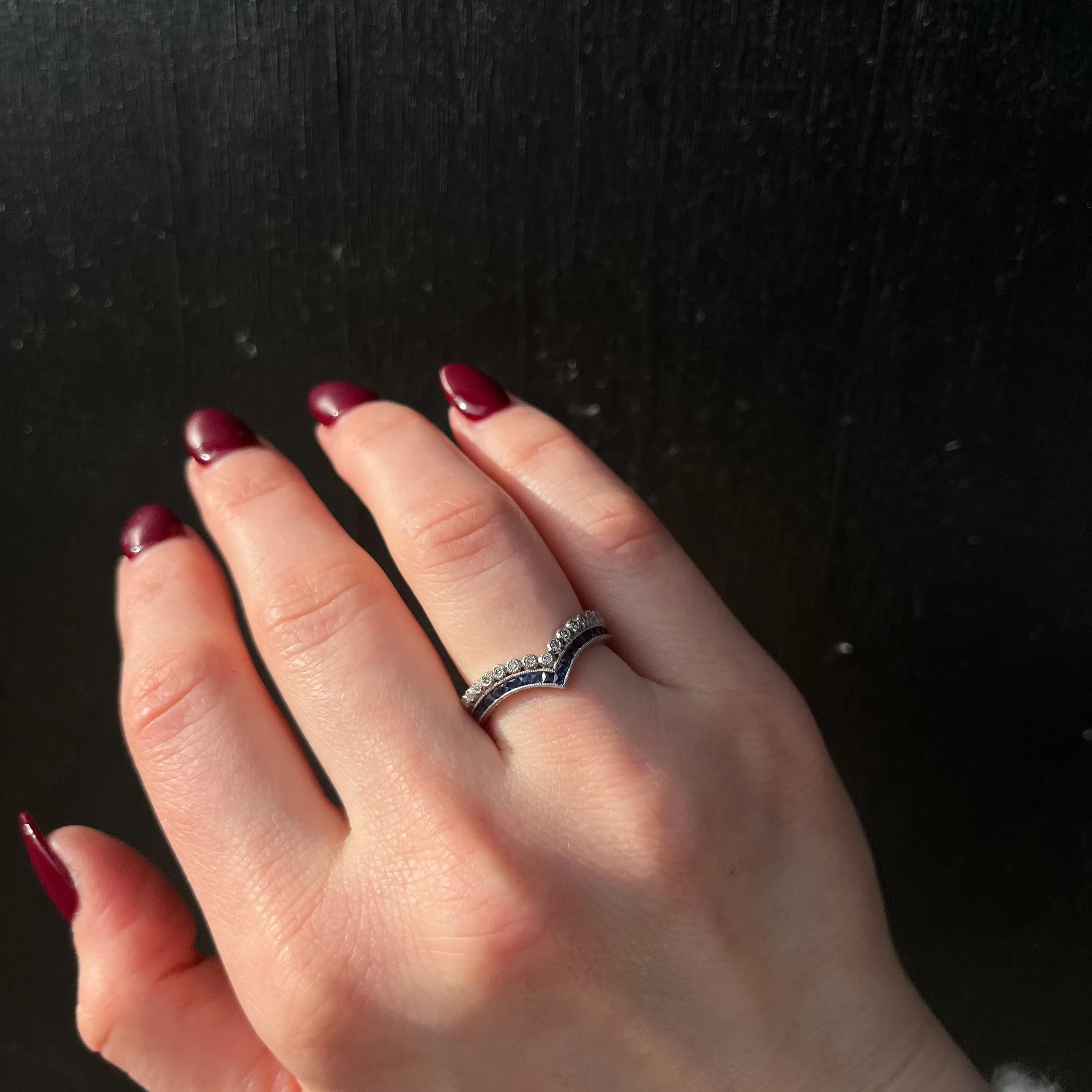 Platinum French Cut Sapphire and Diamond Curved Band