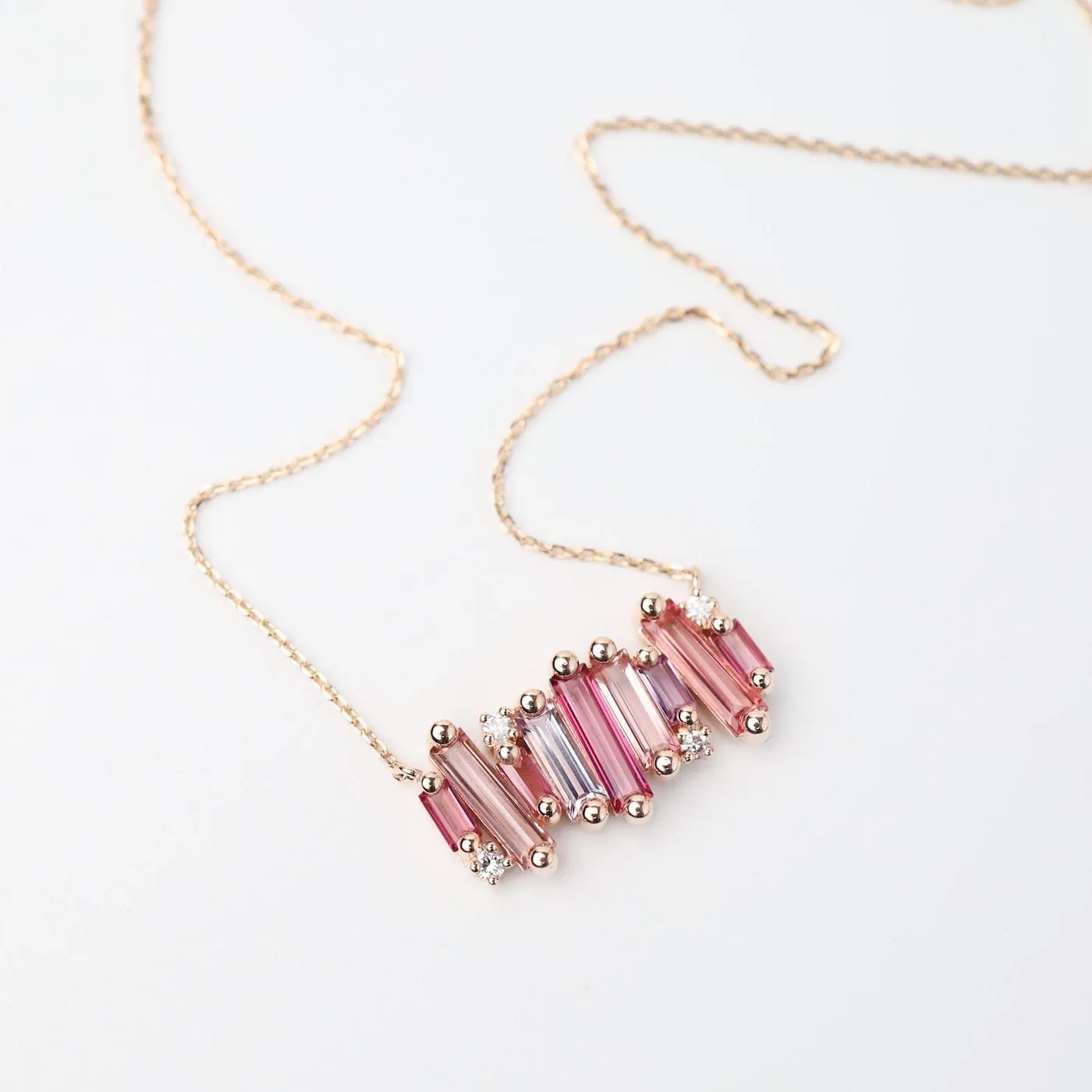 Rose Gold Mixed Pink Topaz Large Baguette Bar Necklace