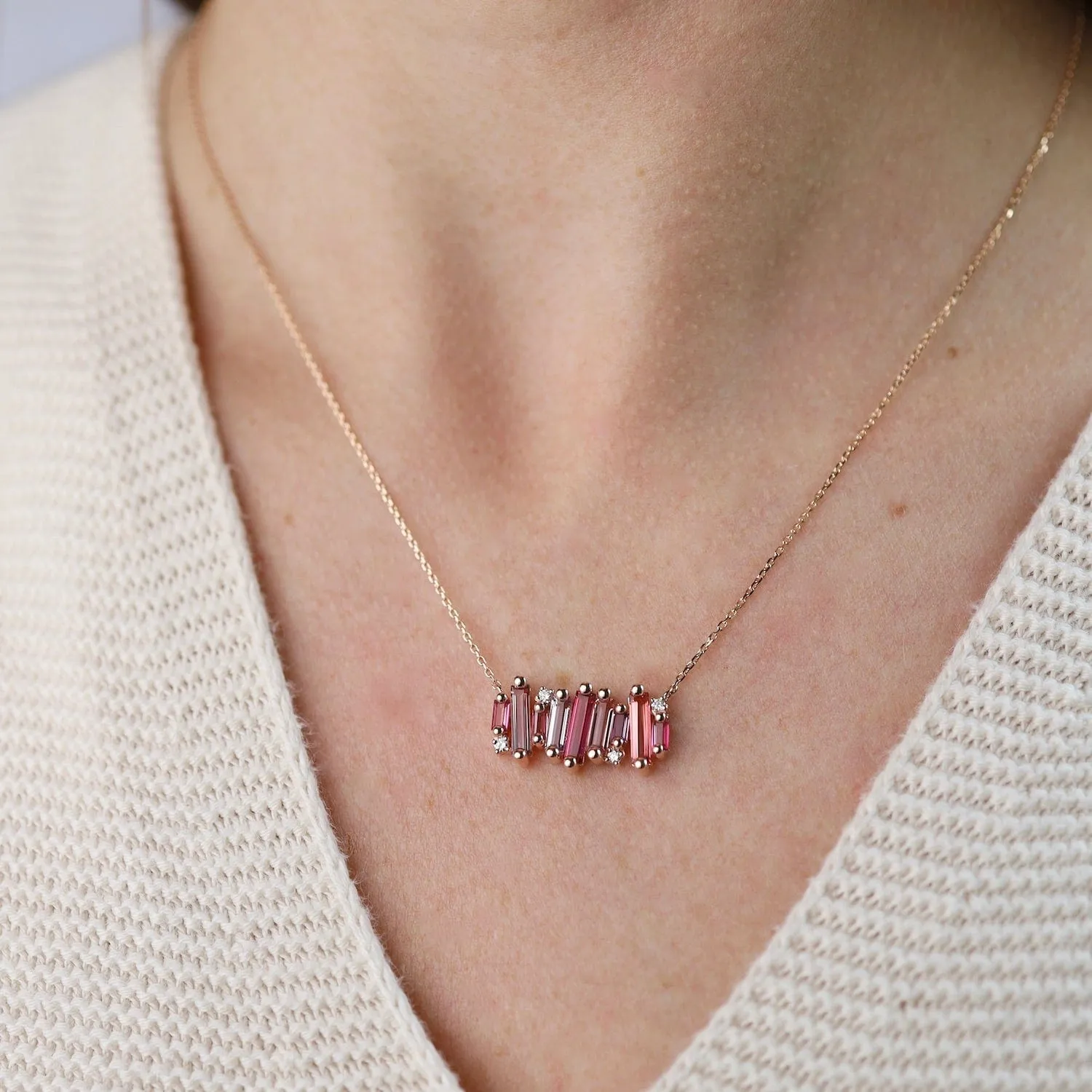 Rose Gold Mixed Pink Topaz Large Baguette Bar Necklace