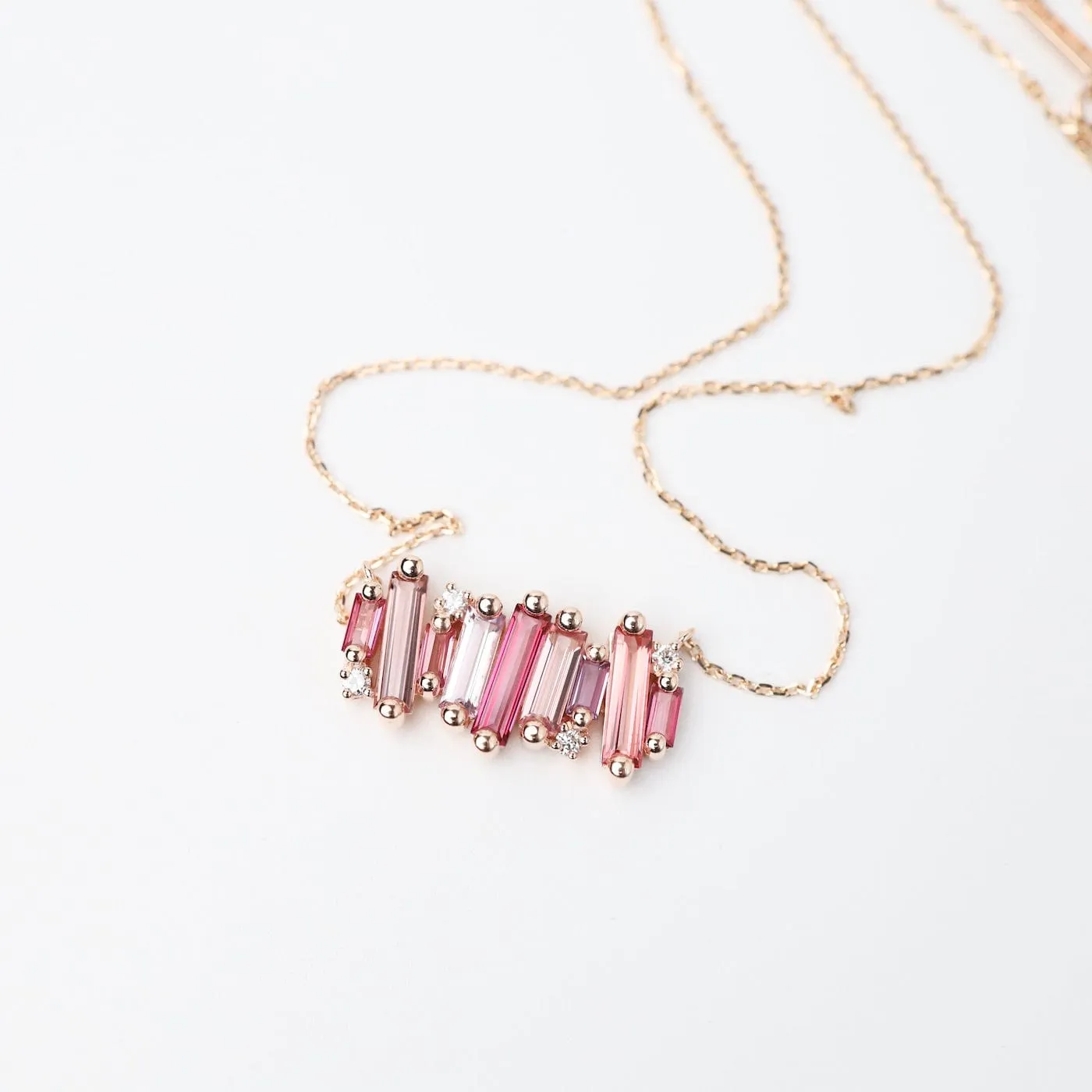 Rose Gold Mixed Pink Topaz Large Baguette Bar Necklace