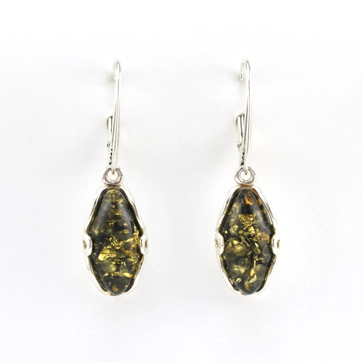 Sterling Silver Green Amber Long Oval Dangle Earrings
