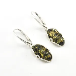 Sterling Silver Green Amber Long Oval Dangle Earrings