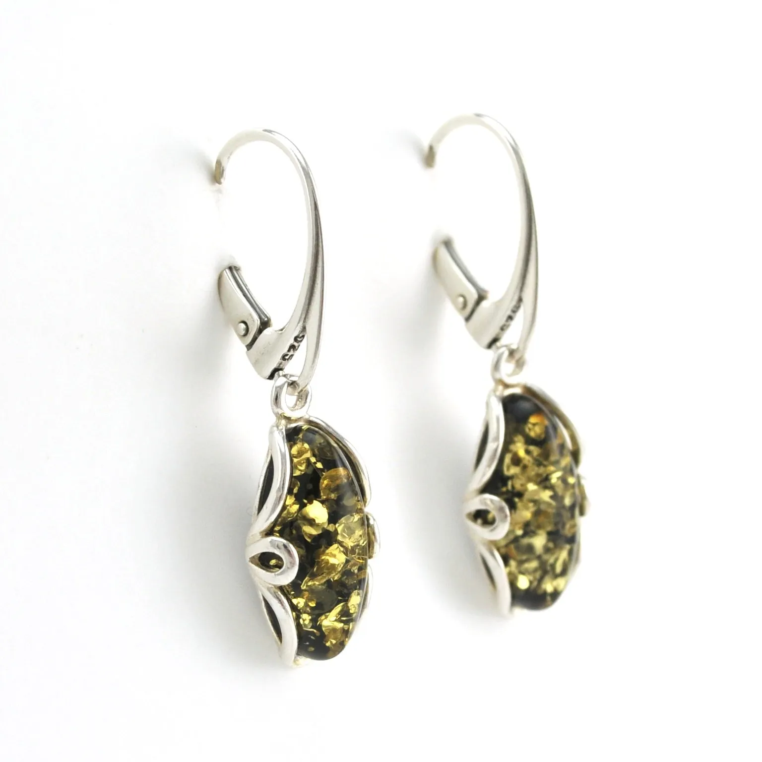 Sterling Silver Green Amber Long Oval Dangle Earrings