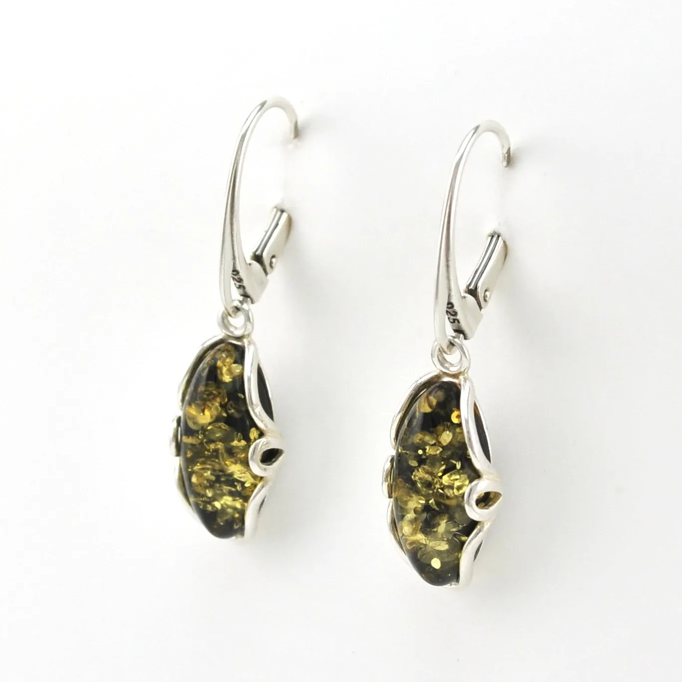 Sterling Silver Green Amber Long Oval Dangle Earrings
