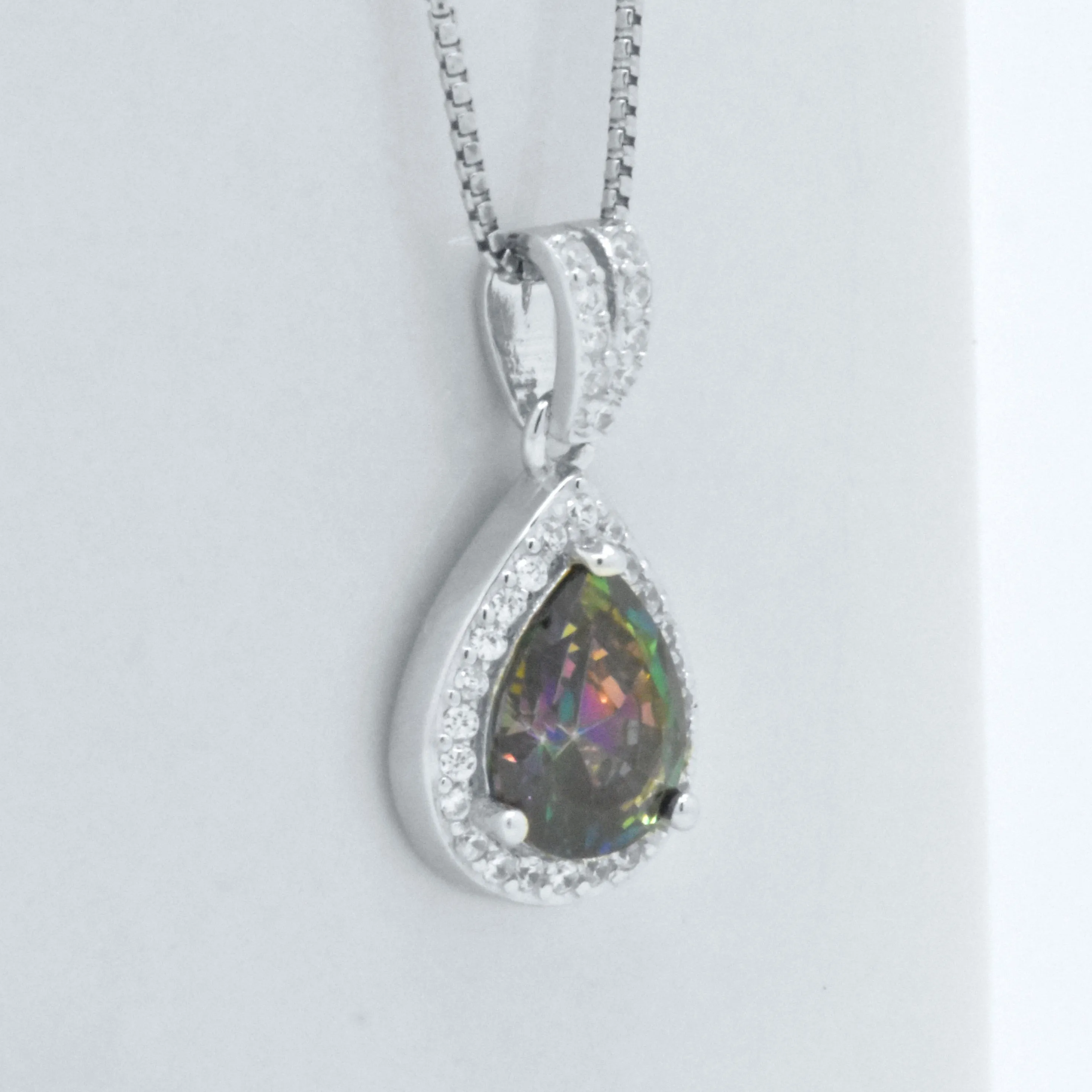 Sterling Silver Pearl Cut Mystic Rainbow Topaz Halo Pendant Necklace