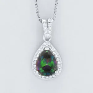 Sterling Silver Pearl Cut Mystic Rainbow Topaz Halo Pendant Necklace