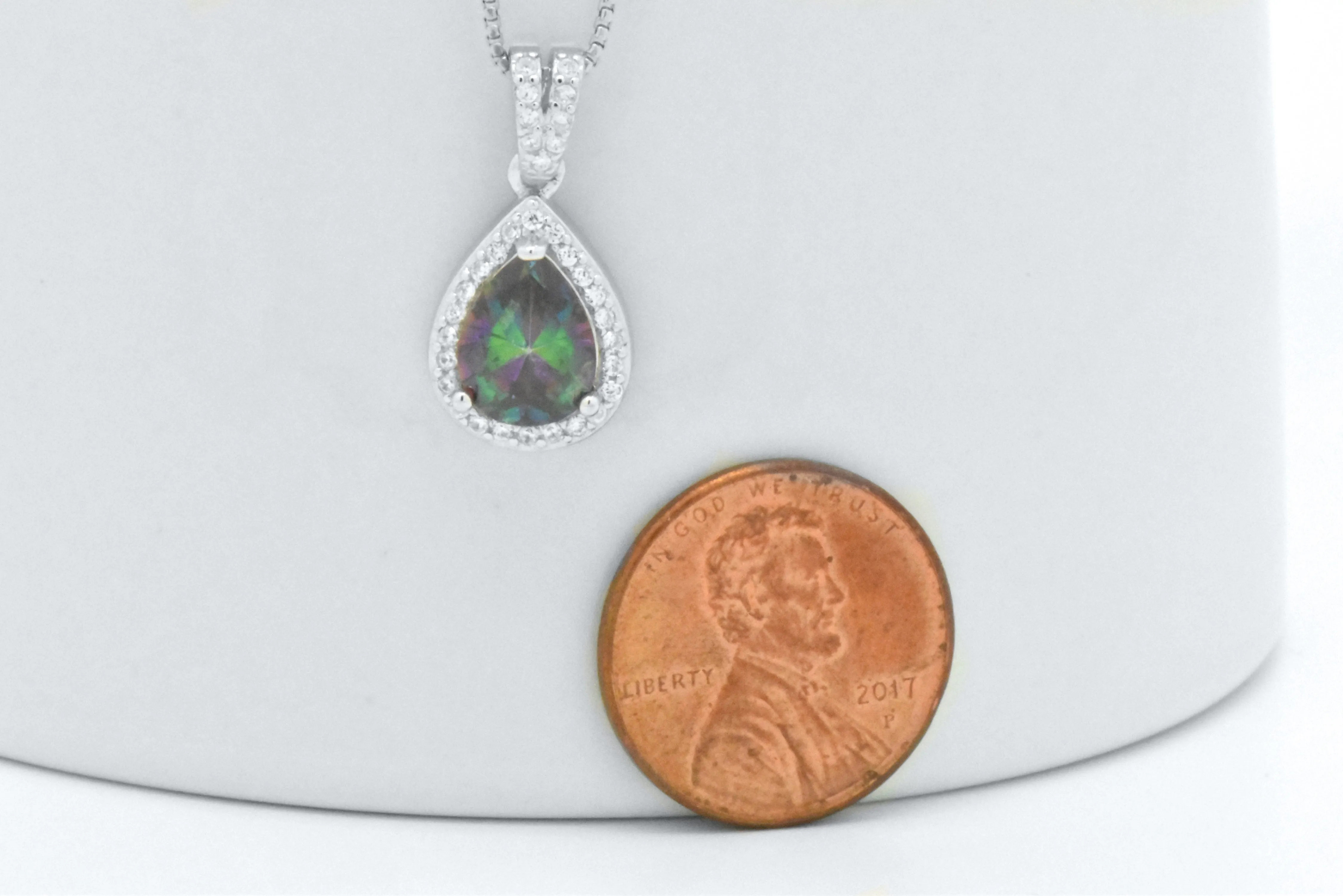 Sterling Silver Pearl Cut Mystic Rainbow Topaz Halo Pendant Necklace