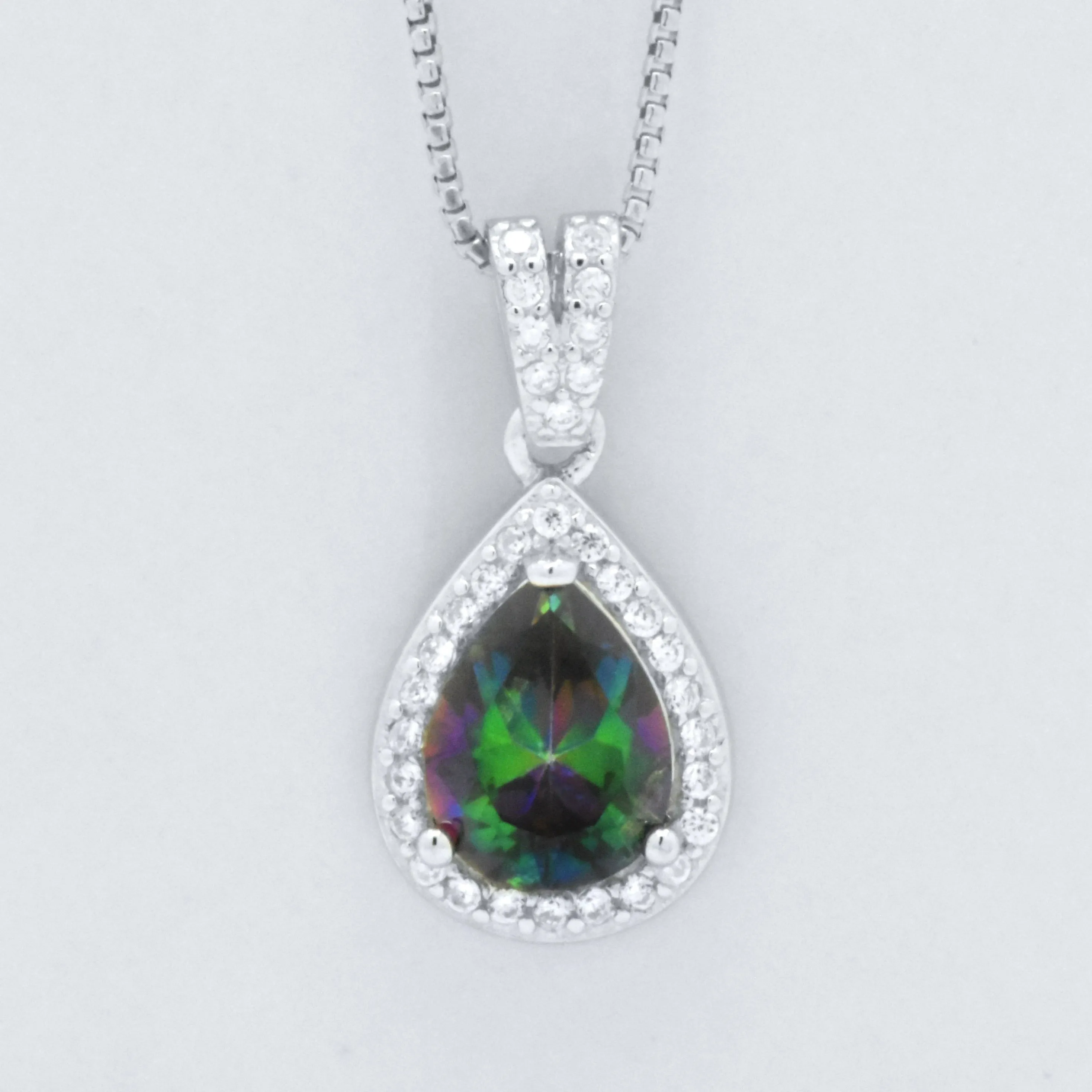 Sterling Silver Pearl Cut Mystic Rainbow Topaz Halo Pendant Necklace